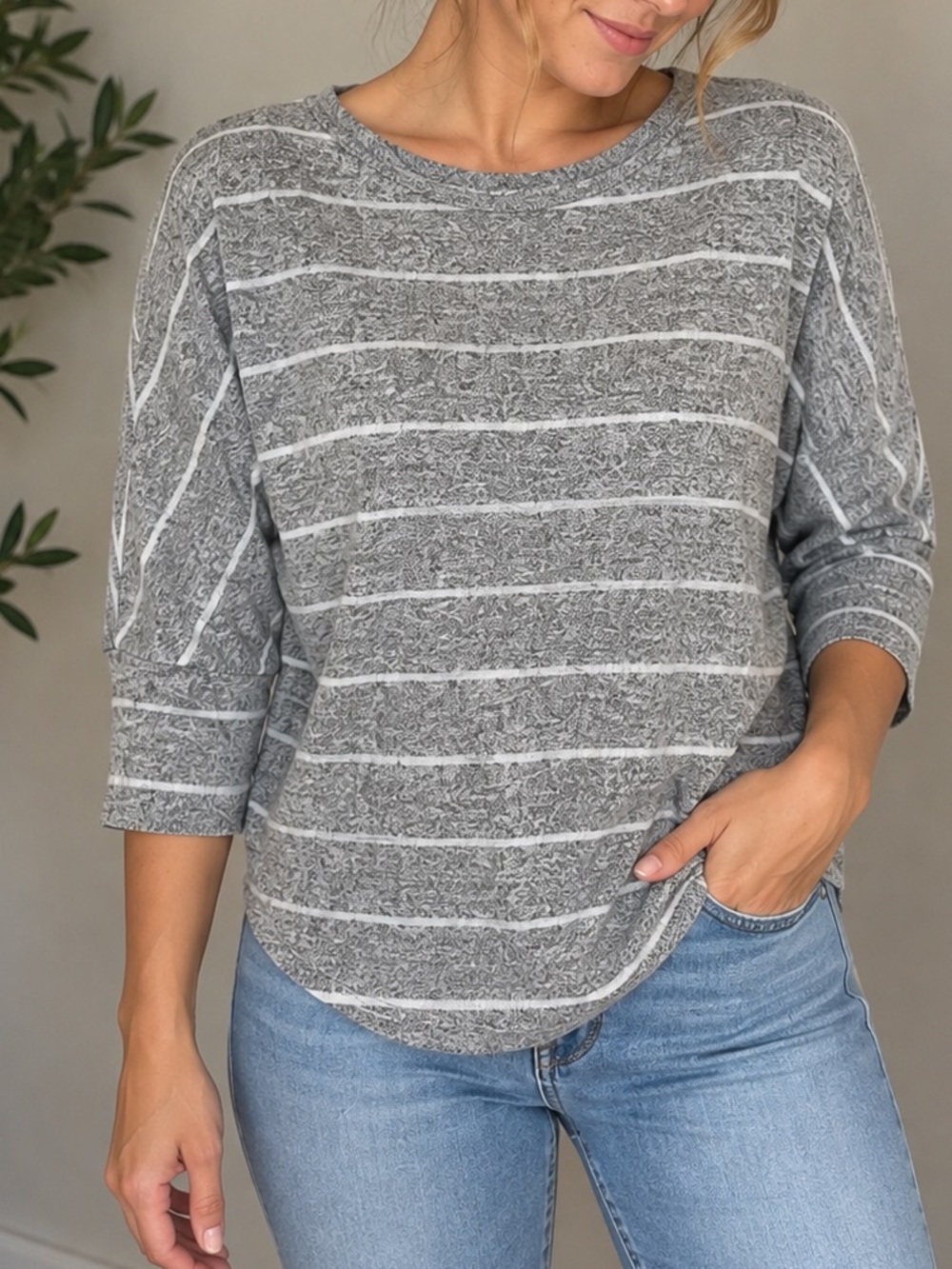Market & Spruce Heather Grey and White Striped Relaxed Knit Top